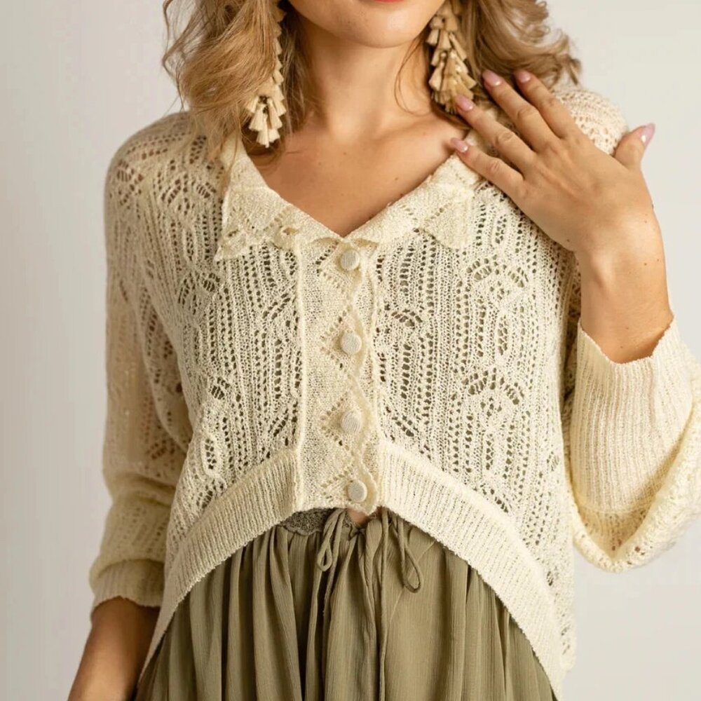 Joyfolie Jelina Button Down High Low Crochet Sweater in Cream NWOT - Size S